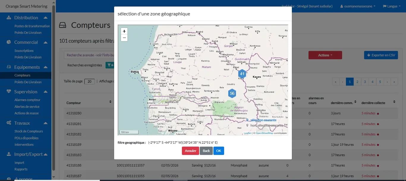 Géolocalisation des compteurs — vue région