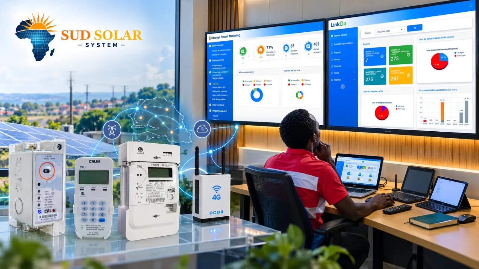 Opérateur dans la salle de contrôle Sud Solar System face aux écrans de monitoring