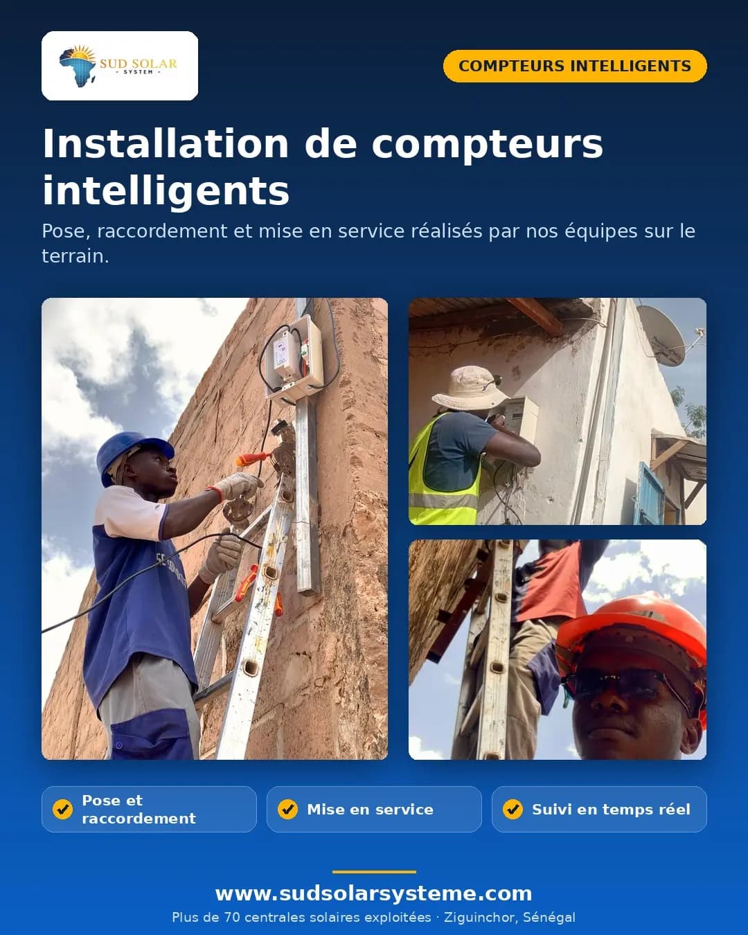 Techniciens Sud Solar System installant des compteurs intelligents
